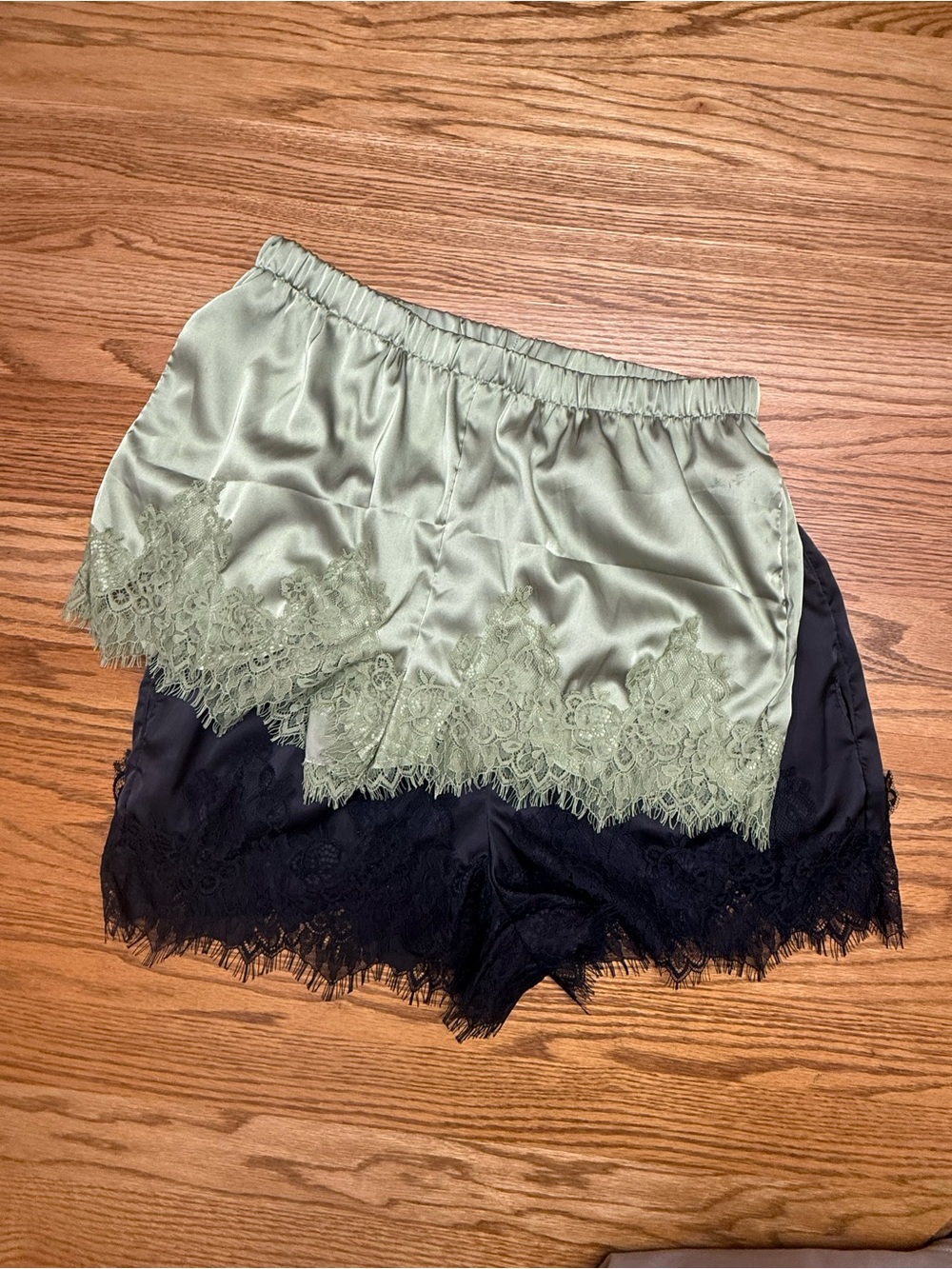 SHEIN Olive Green and Black Satin Lace Trim Sleep Shorts